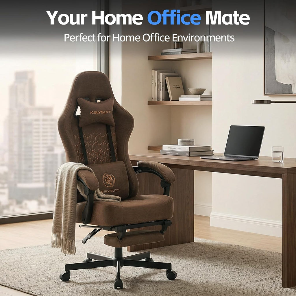Gaming Chair Breathable Leather with Pocket Spring Cushion, Wide and High Ergonomic Office Chair with Headrest, Computer Gaming Chair with Footrest for Adult and Teen (Brown Leather)