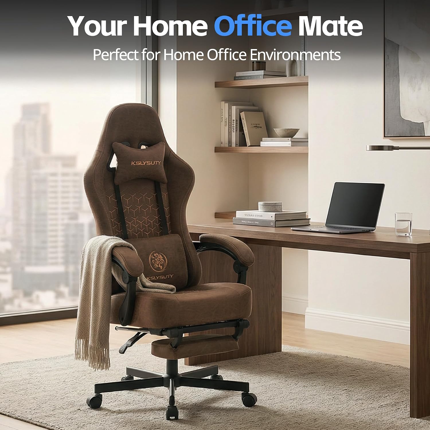 Gaming Chair Breathable Leather with Pocket Spring Cushion, Wide and High Ergonomic Office Chair with Headrest, Computer Gaming Chair with Footrest for Adult and Teen (Brown Leather)
