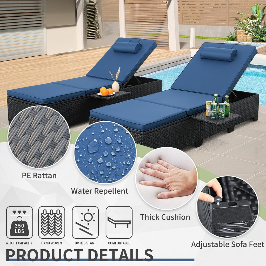 WAROOM Outdoor Chaise Lounge Chairs for Outside Patio Furniture Set of 2 Wicker Recliner Black Rattan Sunbathing Lounger Adjustable Backrest Pool Reclining Chair, Navy Blue Cushion