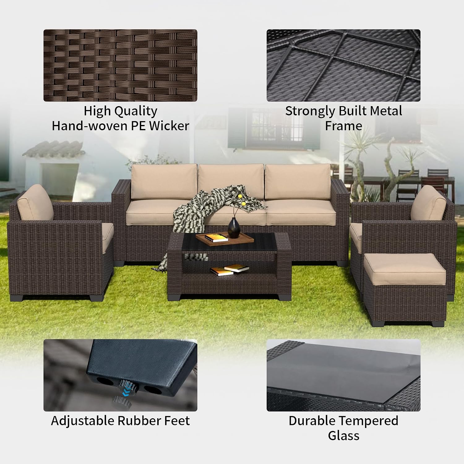 YLGJ&TIDY 7 PCS Outdoor Wicker Furniture Set Sectional Rattan Sofa Couch with Thick Cushions Glass Top Coffee Table Patio Conversation Set for Garden Backyard (Dark Brown Rattan & Khaki)