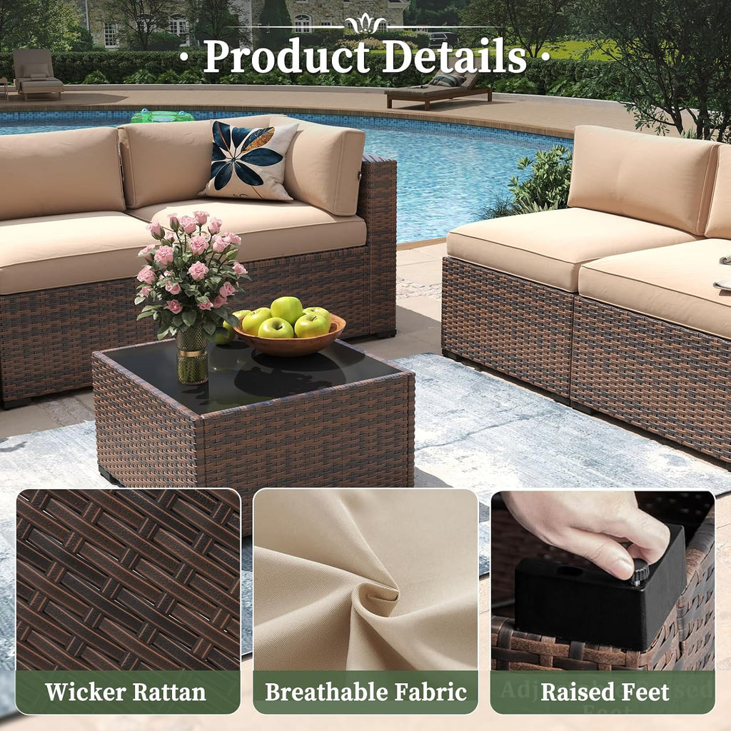 Aoxun 10 Piece Patio Furniture Set Wicker Rattan Patio Conversation Set Outdoor Sectional Sofa Set with Coffee Table and 4' Thickened Cushions, Beige(Waterproof Cover Included)