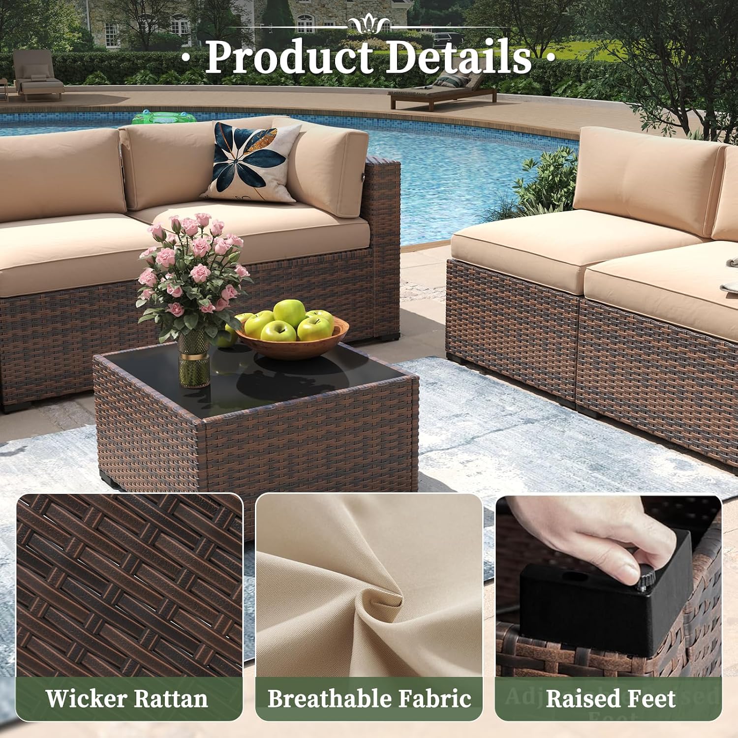 Aoxun 10 Piece Patio Furniture Set Wicker Rattan Patio Conversation Set Outdoor Sectional Sofa Set with Coffee Table and 4' Thickened Cushions, Beige(Waterproof Cover Included)