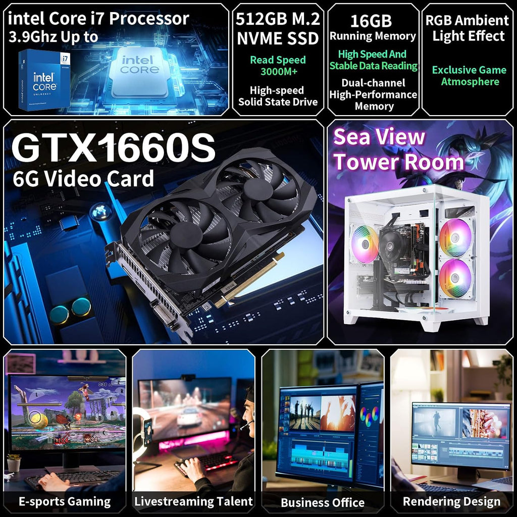 Gaming PC Desktop Computer,Intel Core i7 Desktop,Operating at A Frequency of 3.4GHz,GTX1660Super Graphics Card with 6GB GDDR6 Video Memory,16GB RAM, 512GB SSD,WiFi 5.0,RGB Fan x4,White