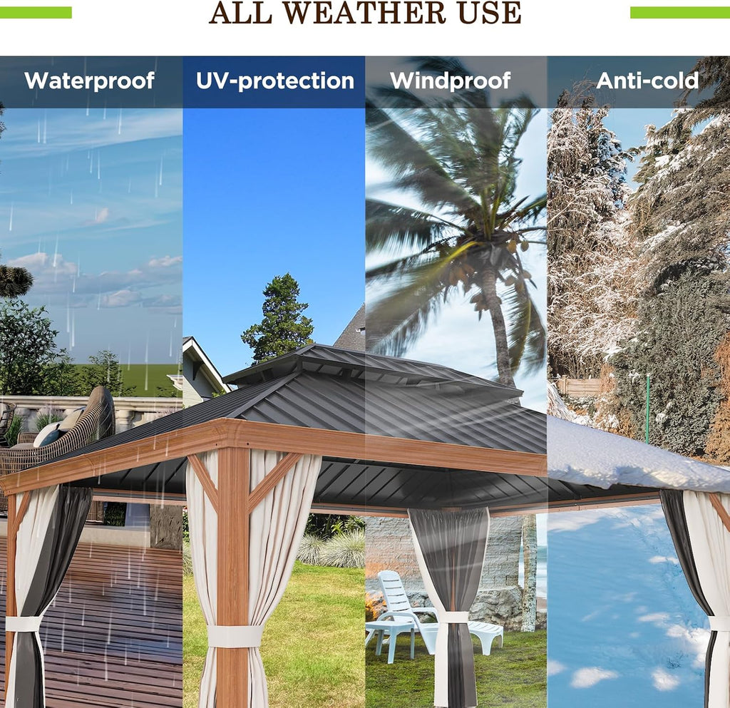 12x16 Hardtop Gazebo with Netting and Curtains, Galvanized Steel Double Roof Outdoor Pavilion with Wood Grain Aluminum Frame, Patio Gazebo for Deck, Garden, Lawn, Woodgrain/Black