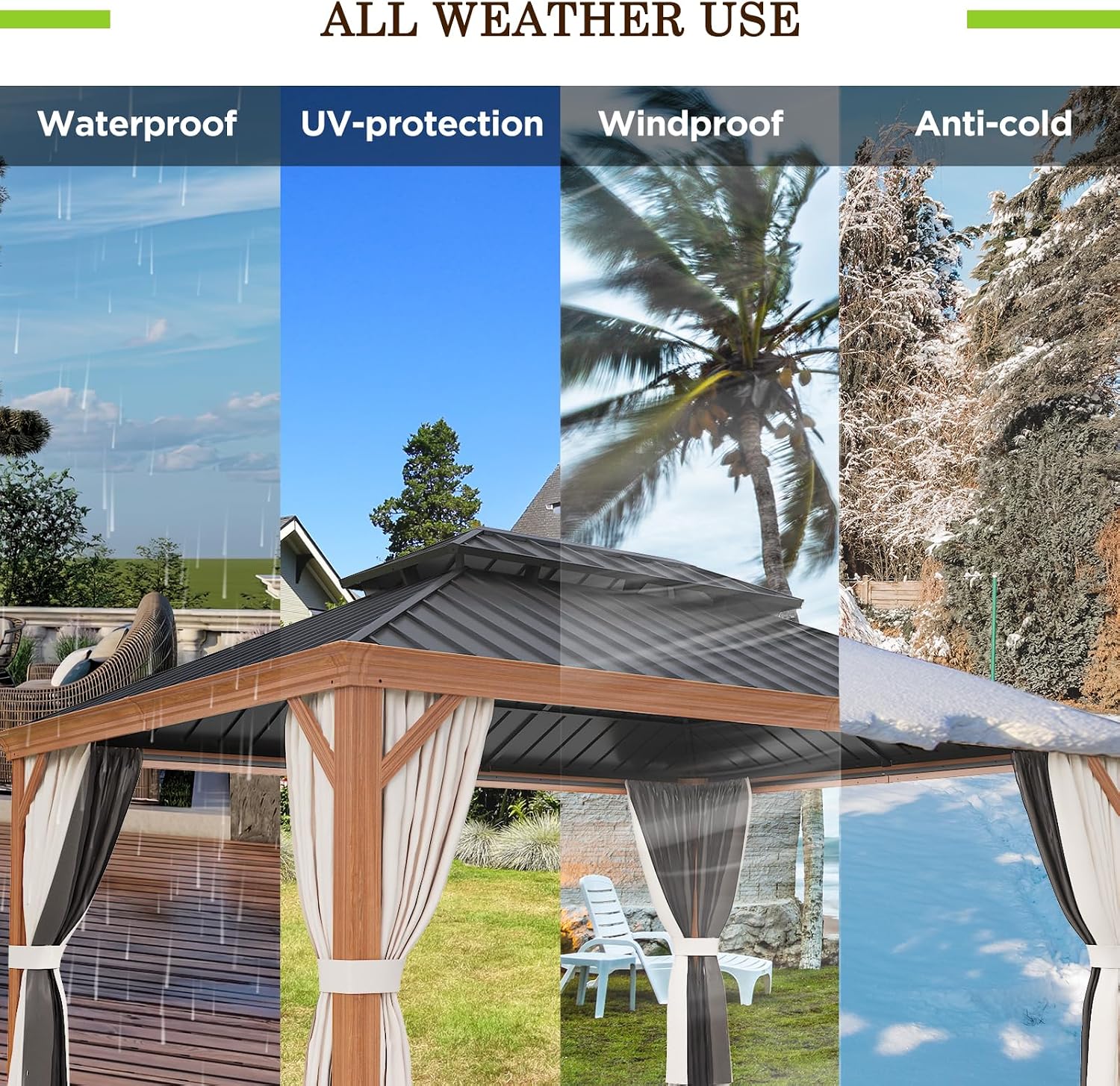 12x16 Hardtop Gazebo with Netting and Curtains, Galvanized Steel Double Roof Outdoor Pavilion with Wood Grain Aluminum Frame, Patio Gazebo for Deck, Garden, Lawn, Woodgrain/Black