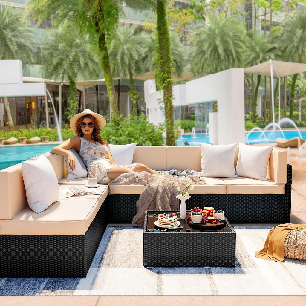 Pamapic 7 Pieces Outdoor Sectional Furniture，Wicker Patio sectional Furniture Sets，All-Weather Rattan Sectional Sofa Conversation Set with Coffee Table and Washable Couch Cushions Covers