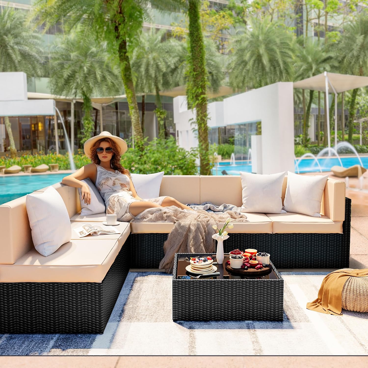 Pamapic 7 Pieces Outdoor Sectional Furniture，Wicker Patio sectional Furniture Sets，All-Weather Rattan Sectional Sofa Conversation Set with Coffee Table and Washable Couch Cushions Covers