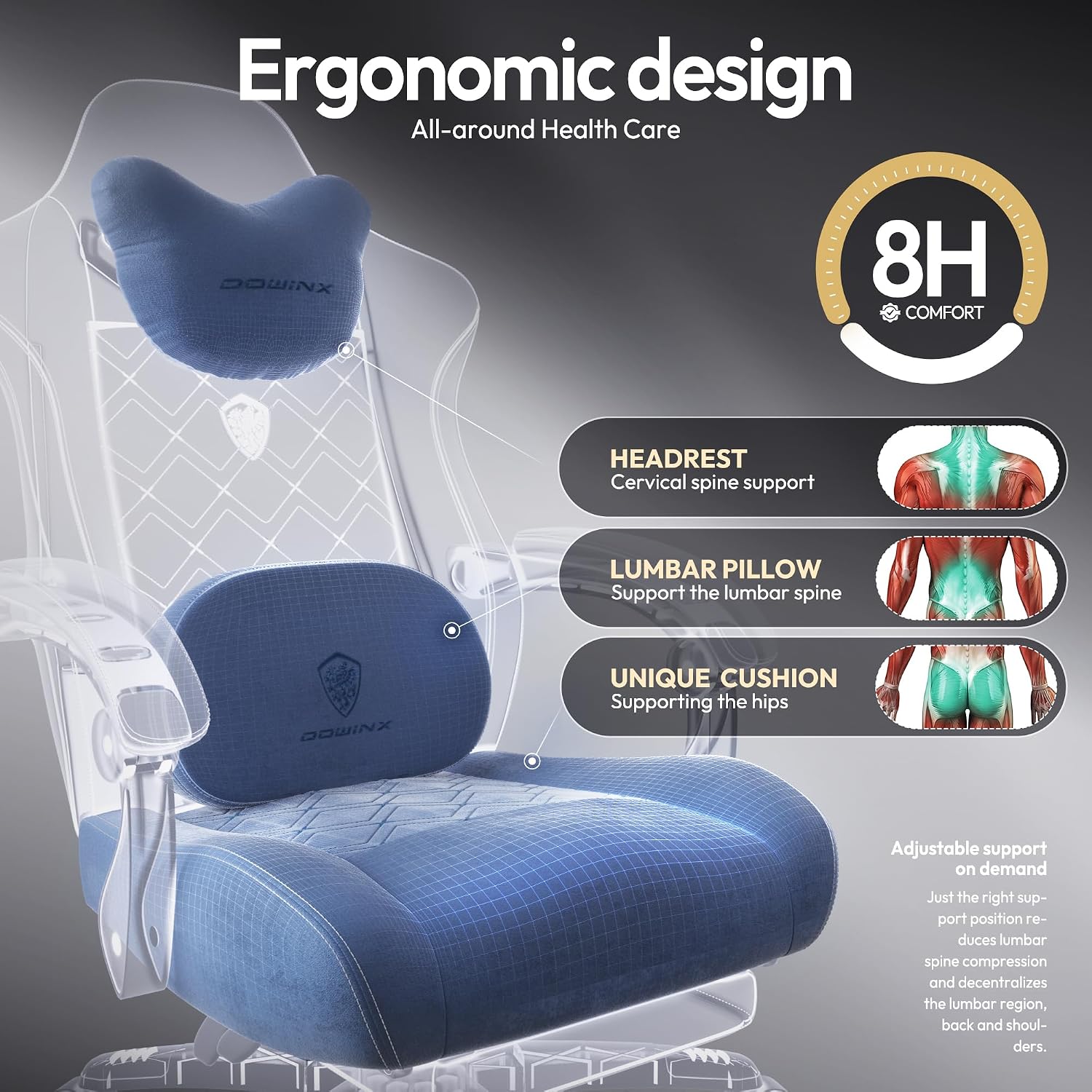 Dowinx Gaming Chair with Heated Massage Lumbar Support,Big and Tall Fabric Gaming Chairs for Adults with Footrest, Ergonomic Computer Game Chair with Poket Spring Cushions, 350lbs, Blue