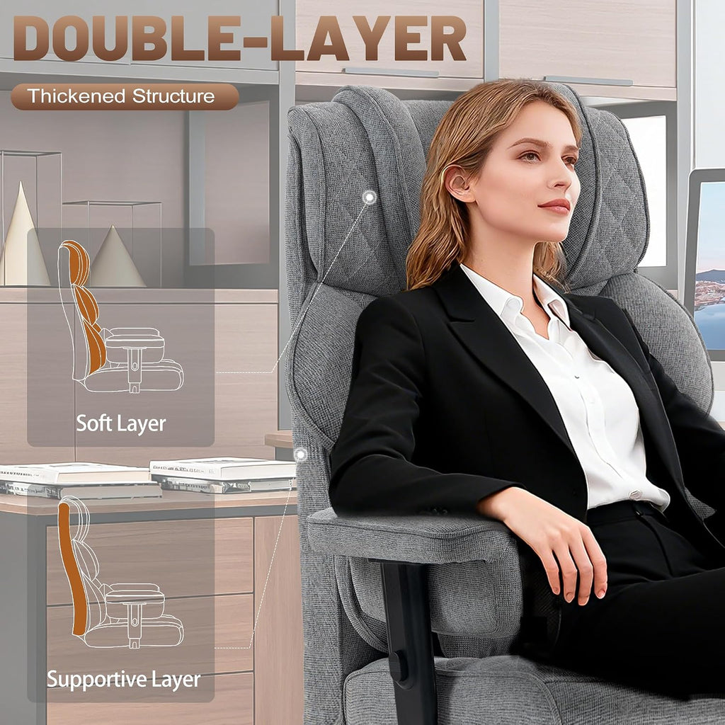 Vonesse Big and Tall Office Chair, Computer Chair with Soft Adjustable Armrests, Ergonomic Gaming Chair with Breathable Linen Design, Executive Chairs with Footrest (Linen Fabric, Gray)