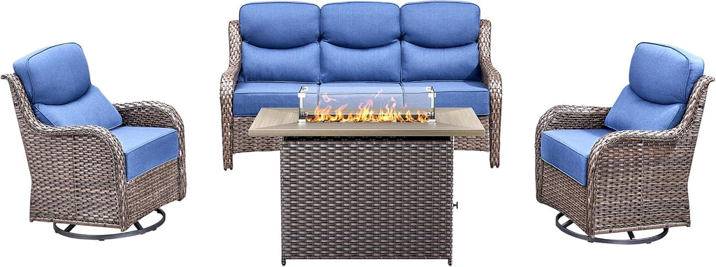 Luxury High Back Outdoor Furniture 6-Inch Thick Cushions with 50,000 BTU Gas Propane Fire Pit Tablet, Patio Furniture Set with Swivel Chairs, for Porch, Balcony, Deck and Yard