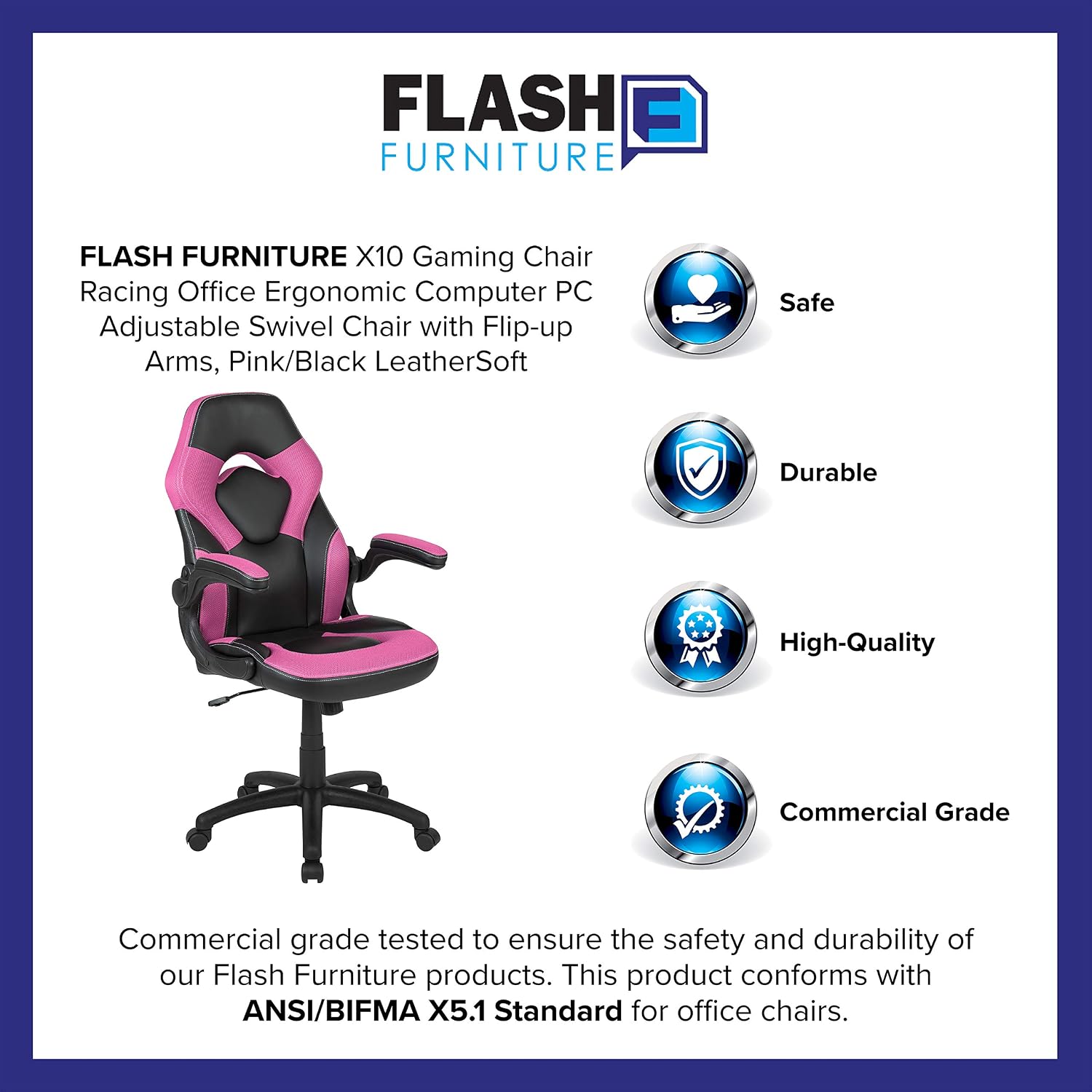 Flash Furniture X10 High-Back LeatherSoft Racing Style Gaming Chair with Flip-Up Arms, Ergonomic Padded Swivel Computer Chair, Pink/Black