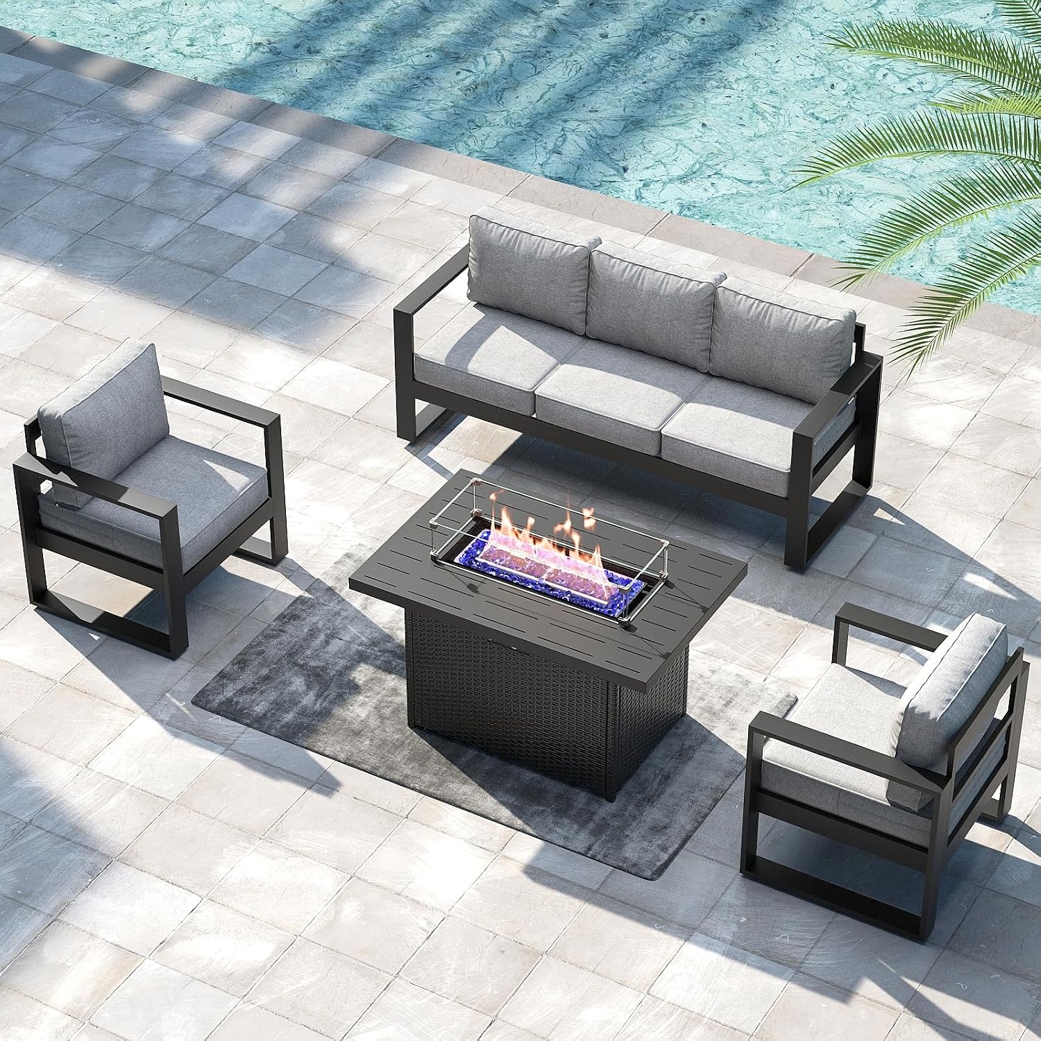 LayinSun 4 Pieces Aluminum Outdoor Patio Furniture Set, Metal Modern Conversation Sofa Set with Fire Pit Table and Washable Thick Cushions for Porch, Backyard, Deck