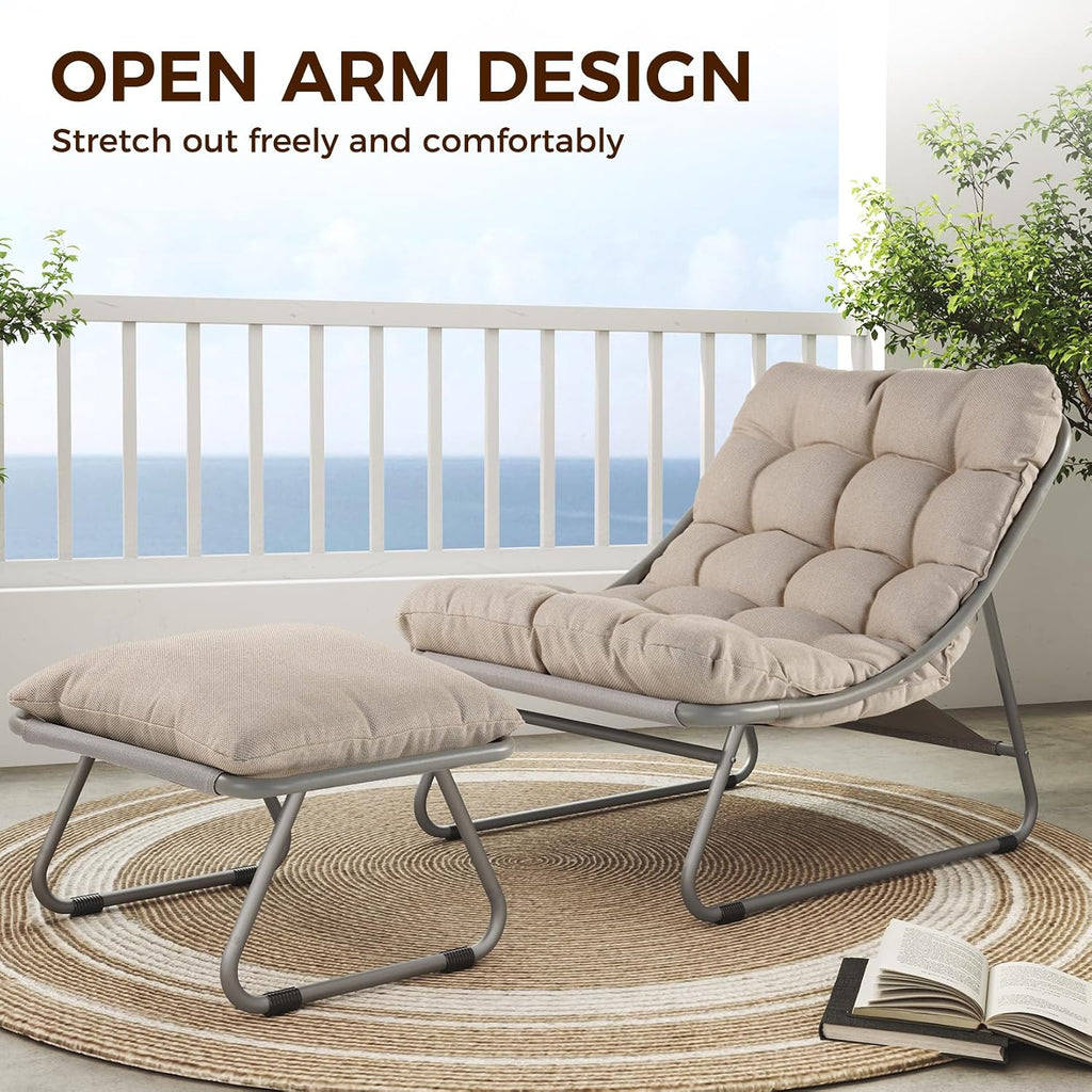 Grand patio Outdoor Lounge Chair with Foot Stool, Comfy Sling Recliner Chair with Puffy Cushion and Foot Rest, Modern Patio Furniture Set for Porch Deck Garden, Champagne Gray