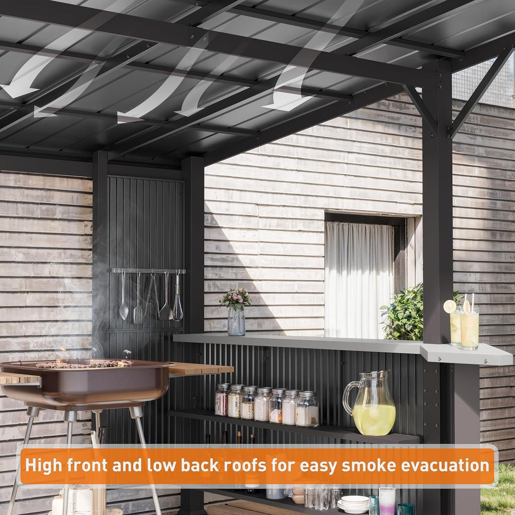 Kullavik 10' x 10' Hardtop Grill Gazebo Canopy, Outdoor Galvanized Steel BBQ Lean to Gazebo with 2 Side Shelves for Barbecue and Picnic, Metal Grill Tent for Patios, Gardens, Lawns