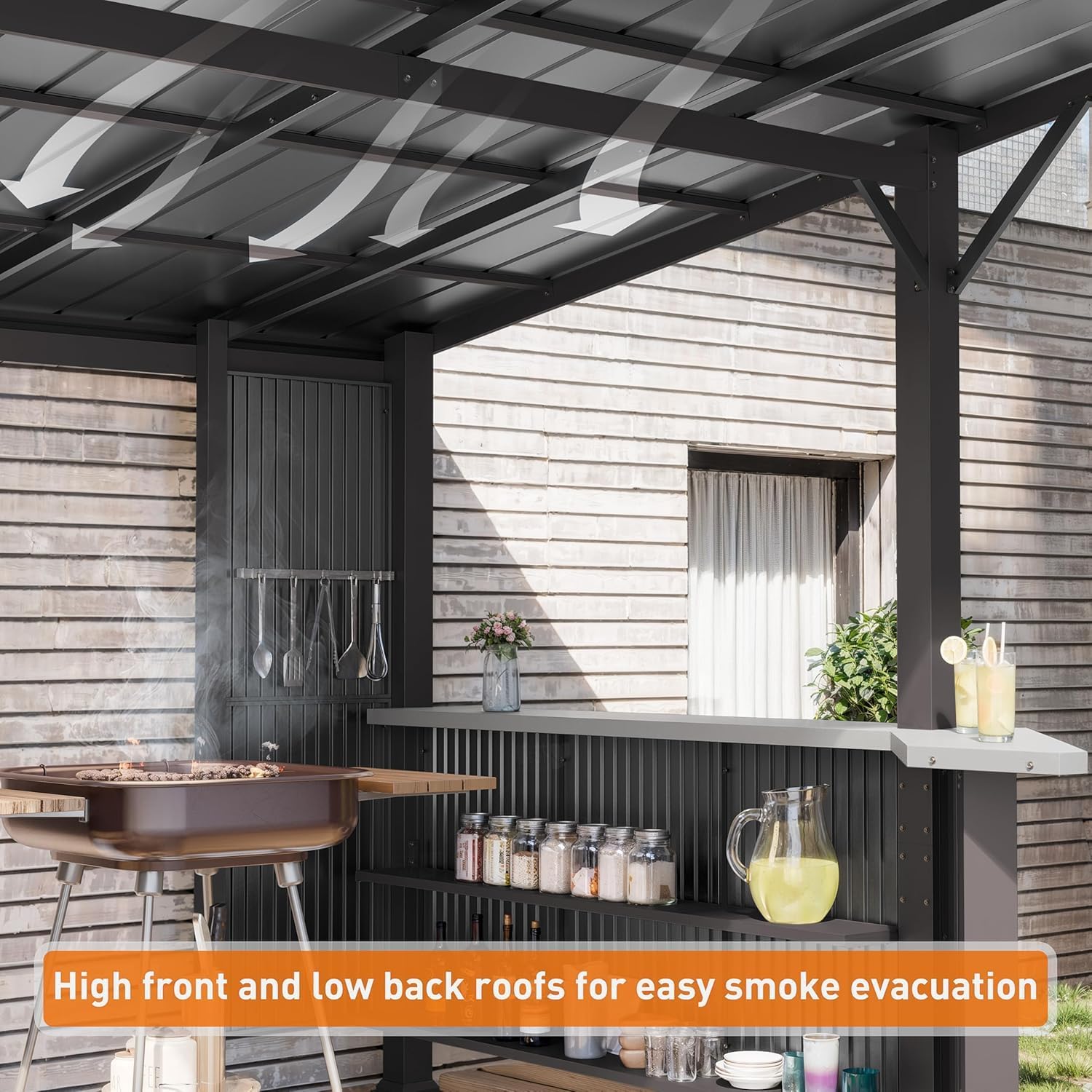 Kullavik 10' x 10' Hardtop Grill Gazebo Canopy, Outdoor Galvanized Steel BBQ Lean to Gazebo with 2 Side Shelves for Barbecue and Picnic, Metal Grill Tent for Patios, Gardens, Lawns