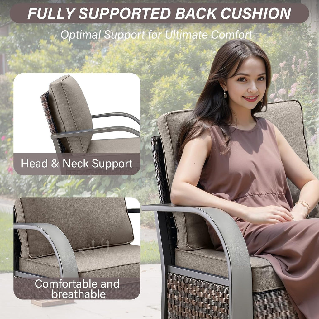 Belord Outdoor Swivel Rocker Patio Chairs Set of 2, 3 Piece Wicker Patio Bistro Set with Metals Side Table and Comfort High Back 4' Cushion Outdoor Patio Glider Chair for Balcony Deck Porch