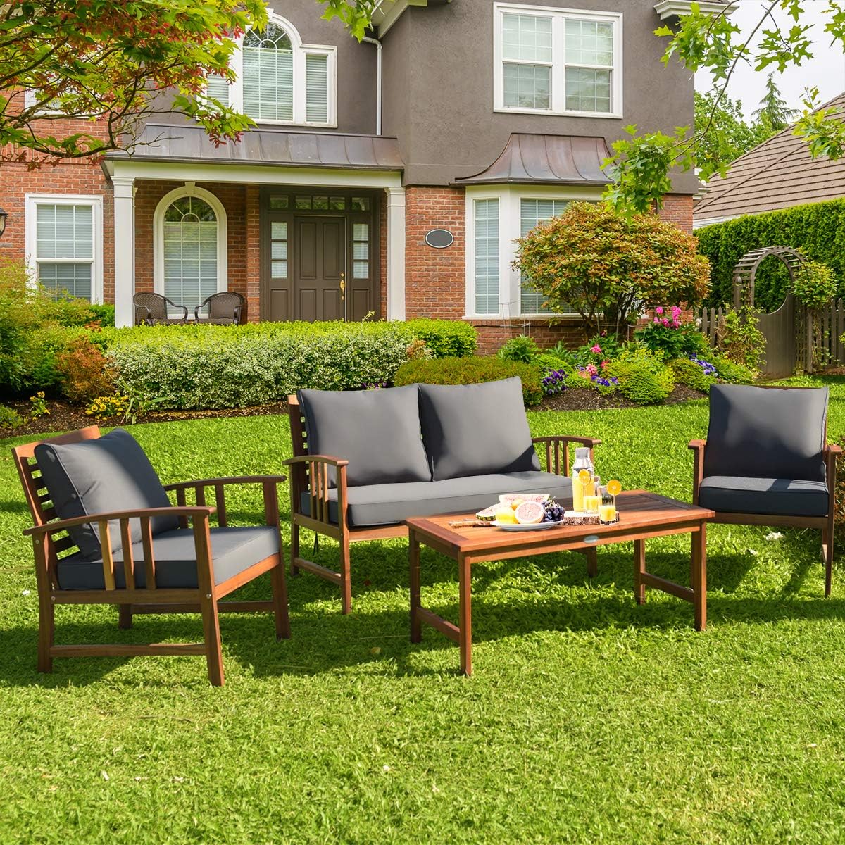 Tangkula 4 Pieces Acacia Wood Patio Furniture Set, Outdoor Seating Chat Set with Gray Cushions & Back Pillow, Conversation Set with Coffee Table, Ideal for Garden, Backyard, Poolside