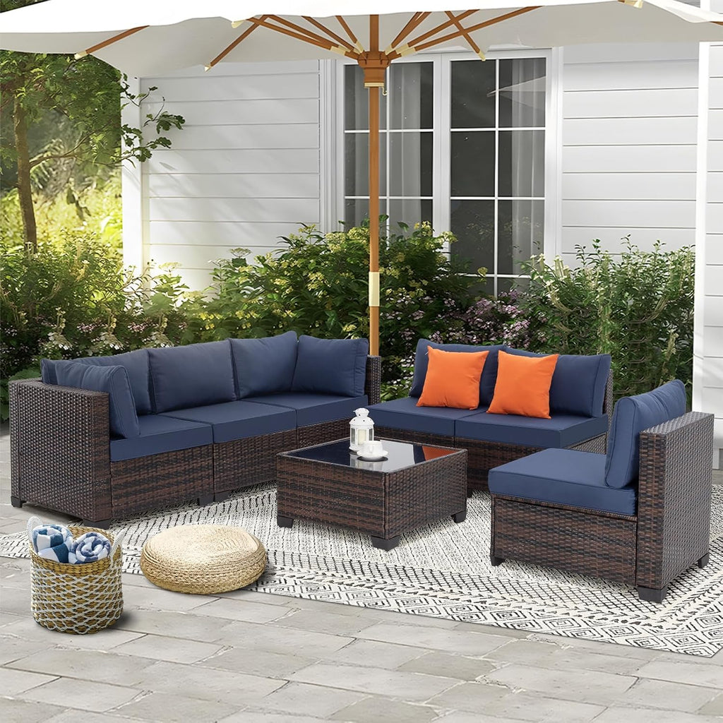 FHFO 7 Piece Outdoor Wicker Patio Furniture Set, Rattan Sectional Sofa Couch, Patio Conversation Set with Cushion & Coffee Table, for Backyard Poolside Porch Garden, Brown-Blue
