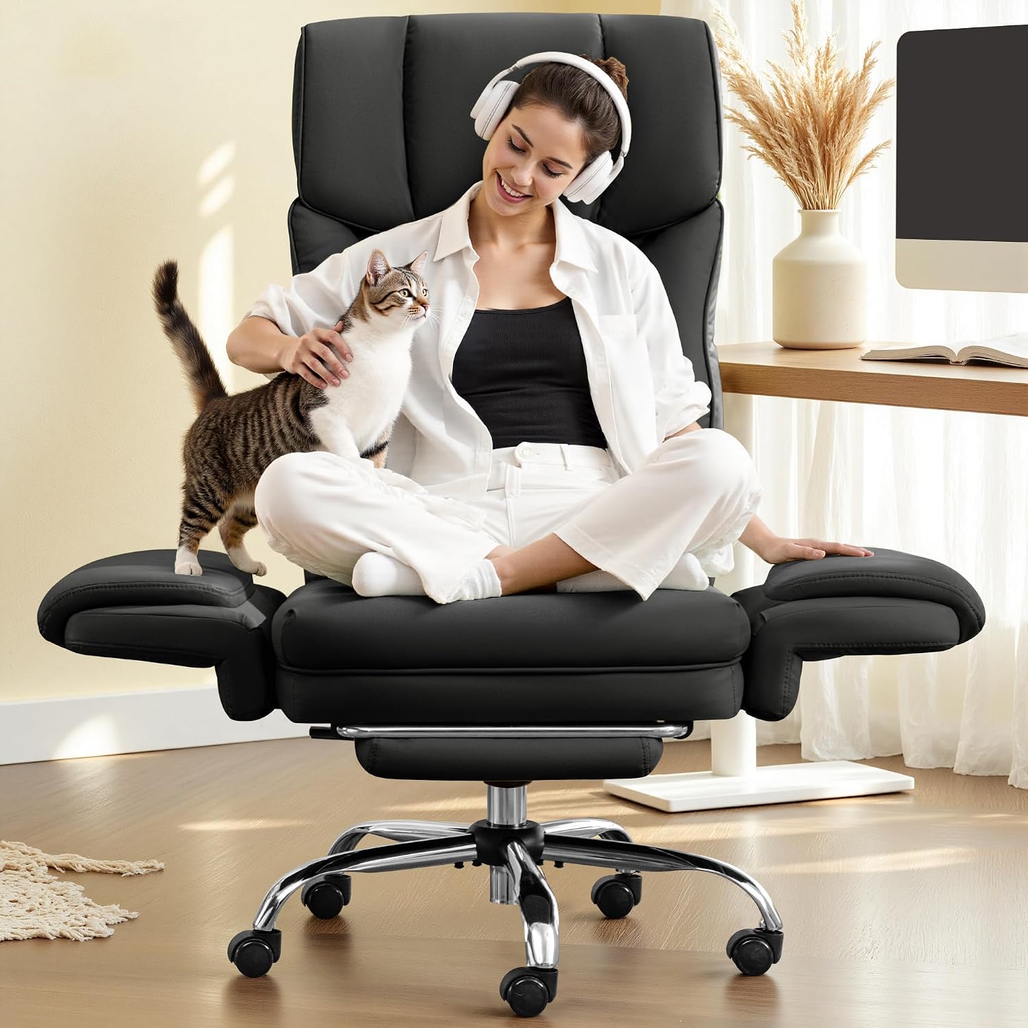 FelixKing Big and Tall Office Chair, 400LBS Wide Leather Executive Chair, Reversible Armrest for Pets Criss Cross Legged, 135° Reclining High Back Gaming Desk Chair with Lumbar Support Footrest, Black