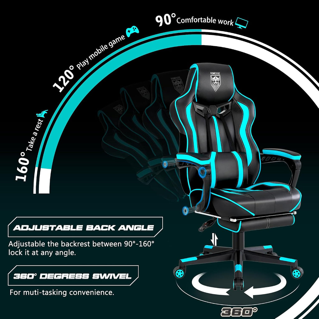 Vonesse Gaming Chairs for Adults, Gaming Chairs with Footrest and Massage, Reclining Computer Chair for Heavy People,Big and Tall Ergonomic Gamer Chair with Lumbar Pillow(Teal/Cyan)