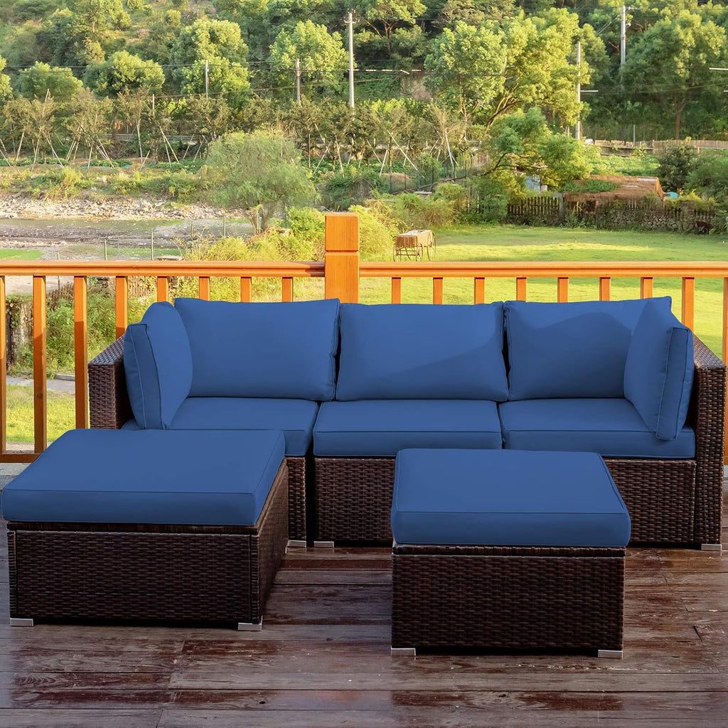 Tangkula 5 Piece Patio Furniture Set, Outdoor Sectional Rattan Sofa Set with Cushions and Coffee Table, Suitable for Backyard Porch Garden Poolside and Deck, Wicker Conversation Set (Navy Blue)
