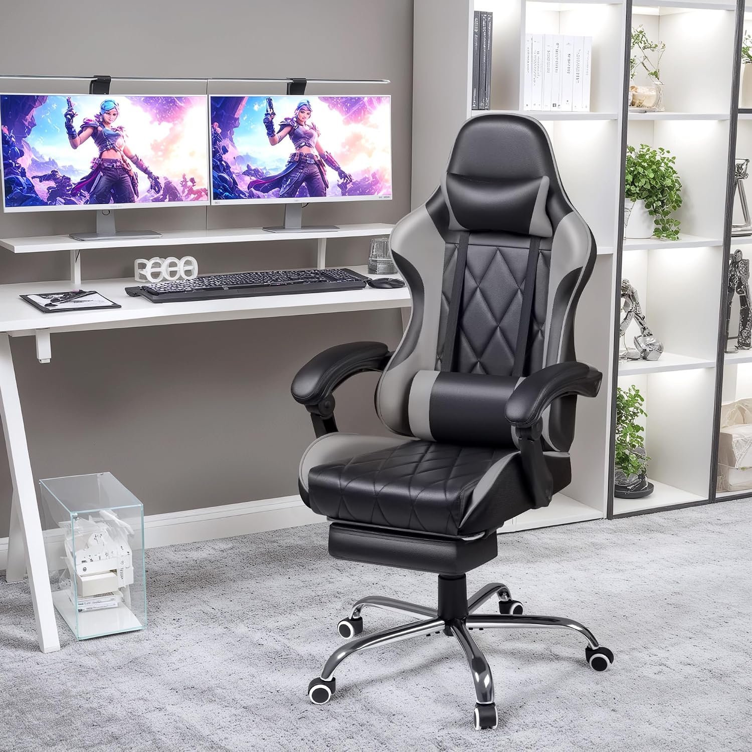 Shahoo Gaming Chair with Footrest and Massage Lumbar Support, Ergonomic Office Computer Seat Height Adjustable with Headrest, Grey