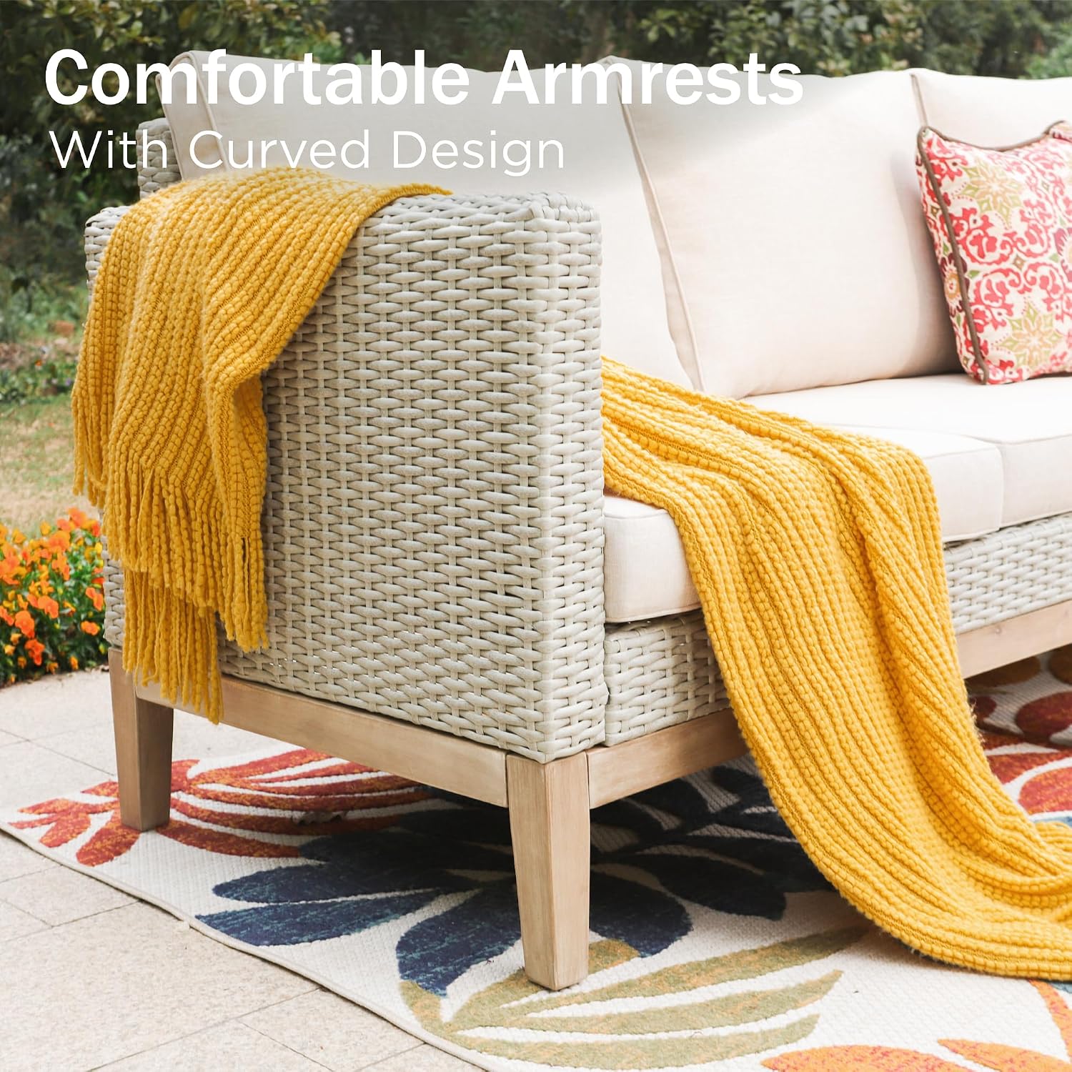 PHI VILLA All Weather Wicker Patio Furniture Sets, 5 Pieces Outdoor Natural Rattan Sectional Sofa Conversation Set with Acacia Wood Coffee Table & Waterproof Cushions, 2 Ottomans for Apartment Balcony