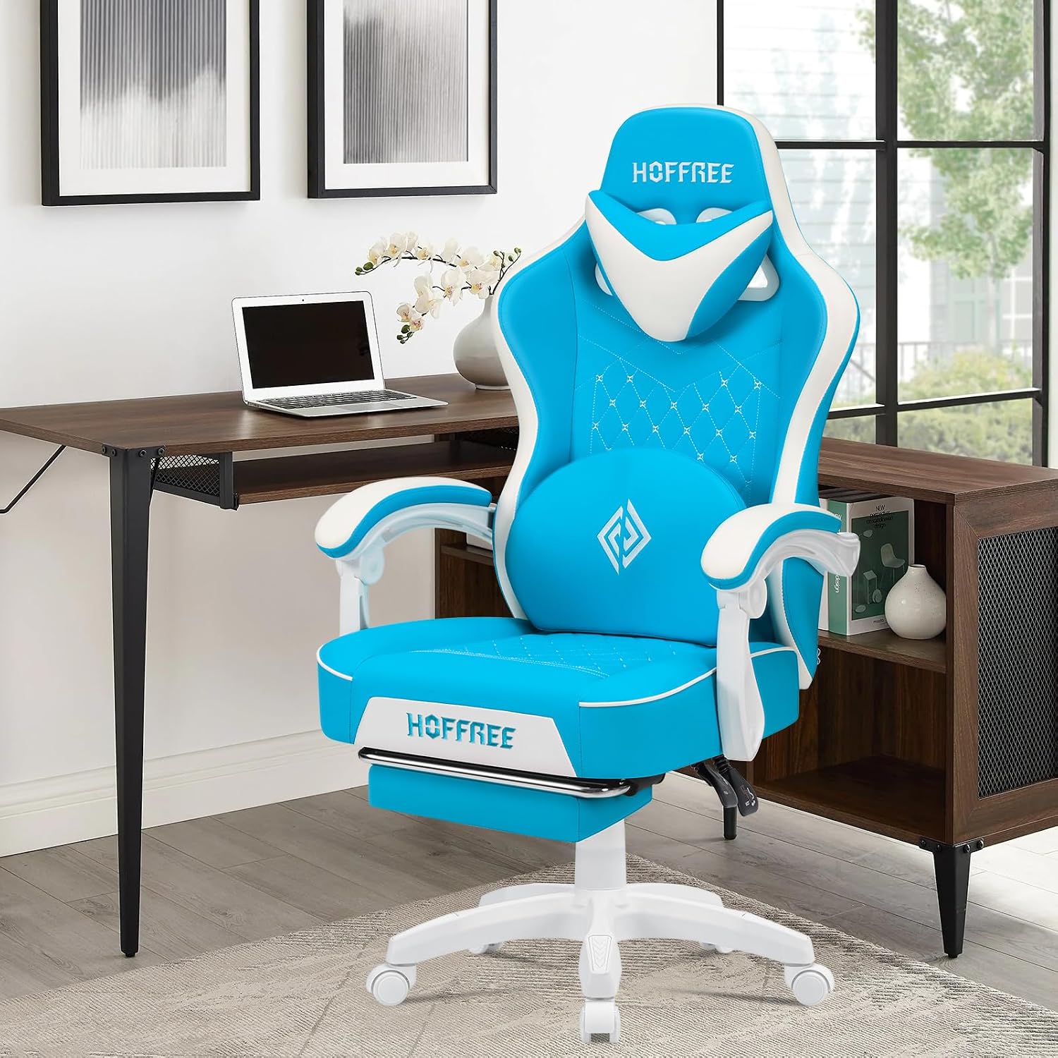 HOFFREE Gaming Chair with Speakers Massage Computer Gaming Chair with Pocket Spring Cushion for Adults Reclining Gamer Chair with Bluetooth Video Game Chairs with Footrest Sky Blue and White