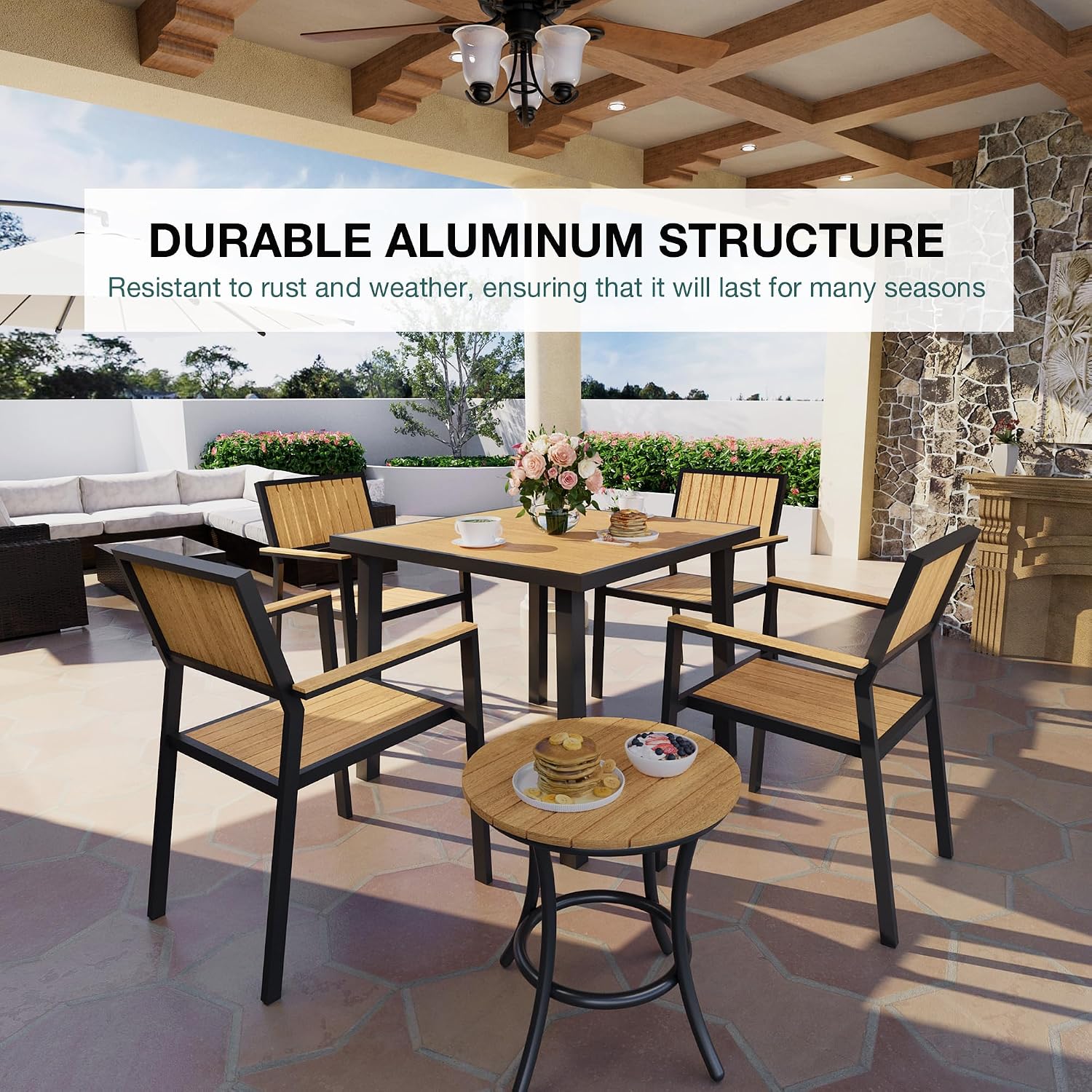 Pamapic 6-Piece Patio Dining Set，Outdoor Aluminum Furniture Set with Plastic-Wood Table Top,Outdoor Furniture Set with 4 Outdoor Stackable Chairs for Patio Garden Poolside (Teak)