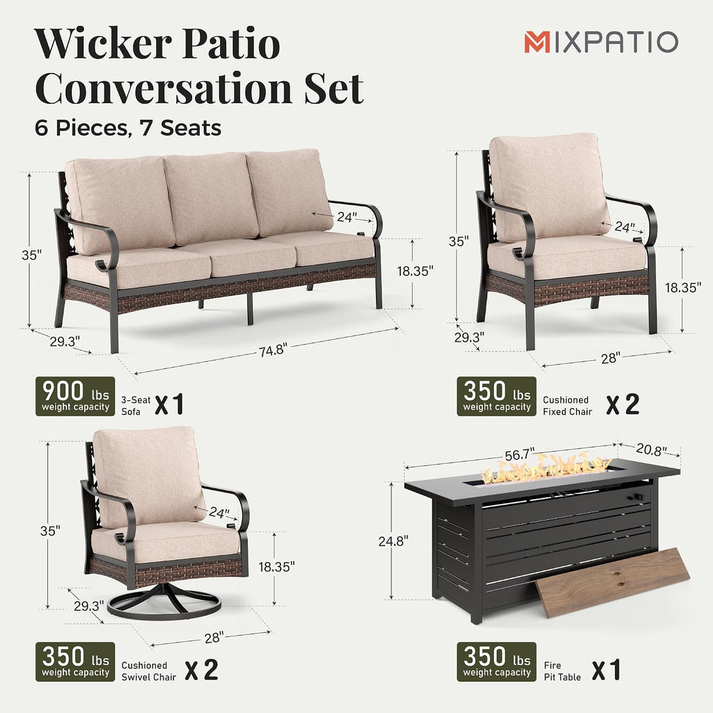 MIXPATIO Patio Furniture Set with Fire Pit Table, Metal Outdoor Conversation Set with 5.75'' Extra Thick Cushion, 2 Swivel Chairs, 2 Leg Chairs, 3-Seat Sofa and Gas Fire Pit Table, Beige