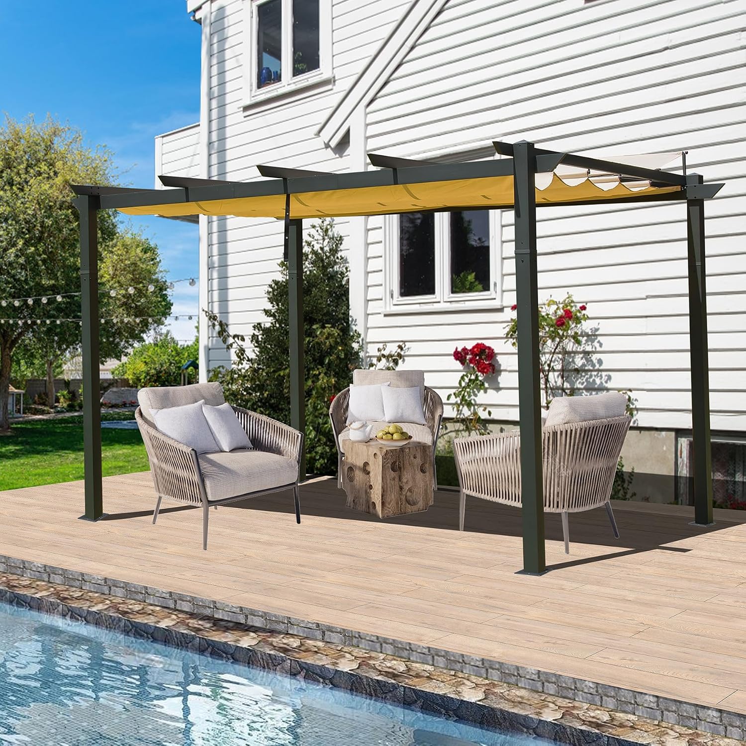 domi outdoor living Domi 9' x 13' Outdoor Retractable Pergola Against The Wall, Modern Grape Trellis with Sun Shade Canopy, Patio Aluminum Shelter Wall for Garden Porch Deck Backyard Dark Gray