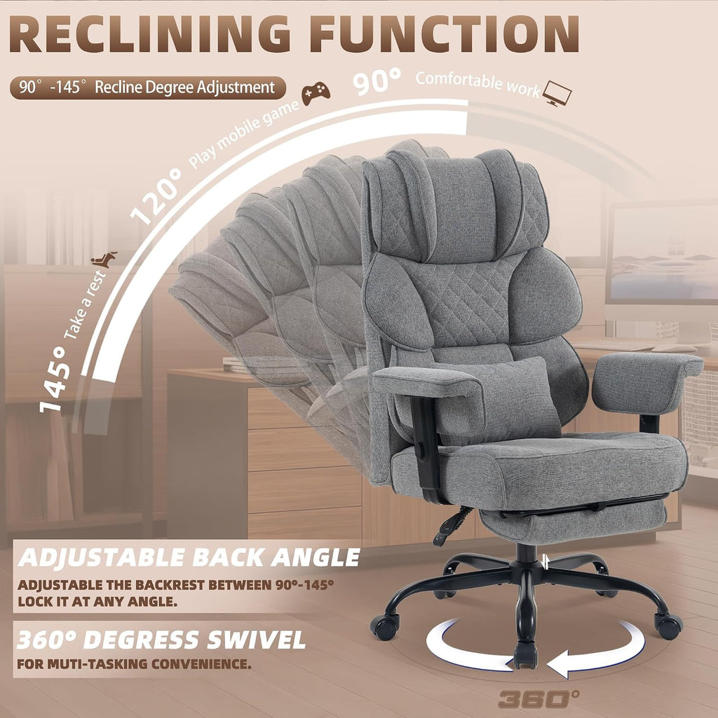 Vonesse Big and Tall Office Chair, Computer Chair with Soft Adjustable Armrests, Ergonomic Gaming Chair with Breathable Linen Design, Executive Chairs with Footrest (Linen Fabric, Gray)