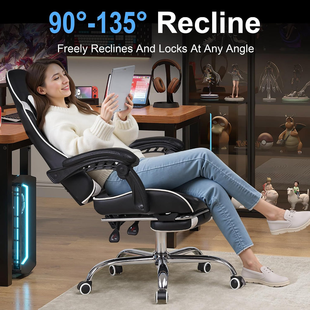 VECELO Ergonomic Gaming Chair with Footrest, Comfy Recliner Computer Chair, Swivel Seat, Height Adjustable, High Back PU Leather, Lumbar Support, Headrest for Adults, Jet Black