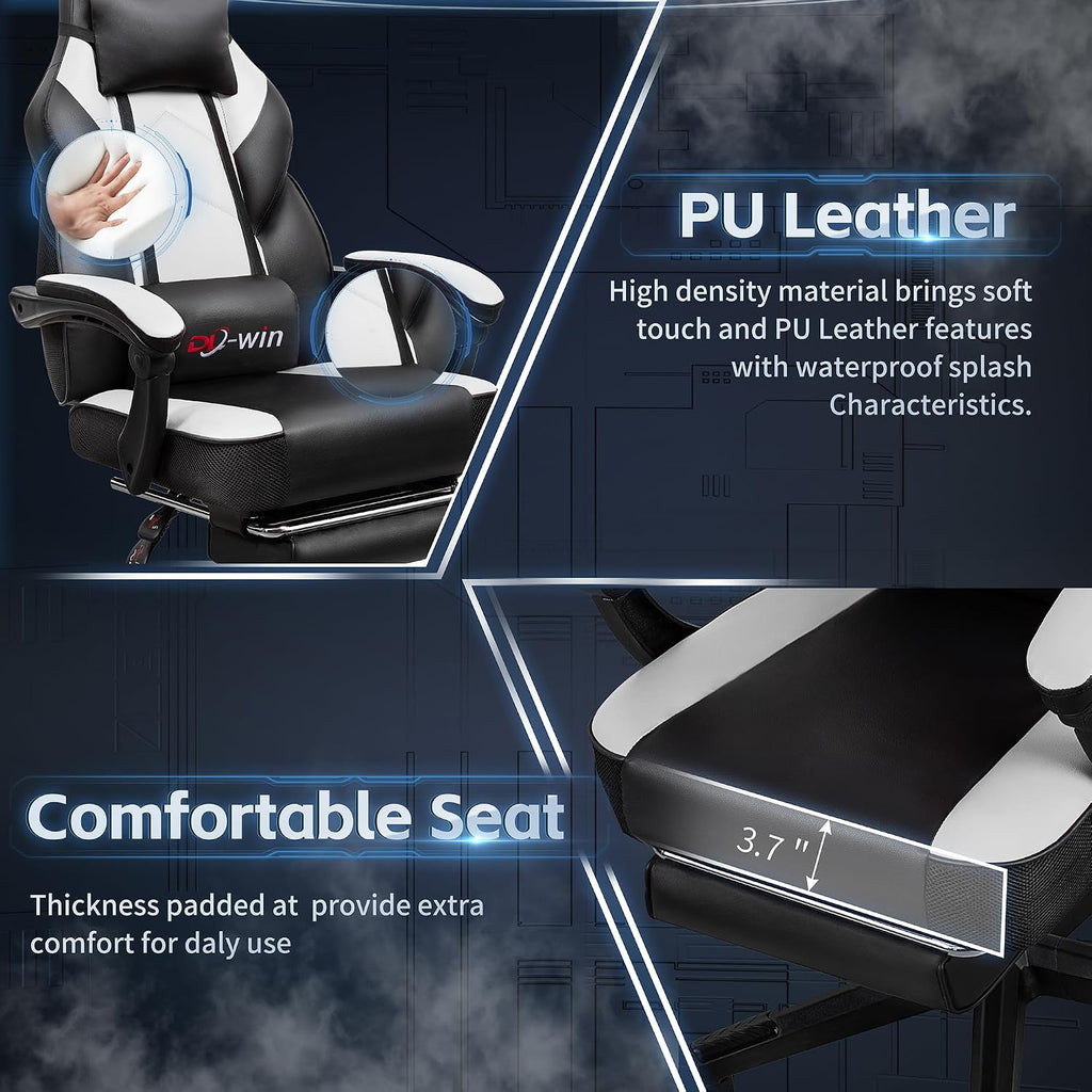 DL-win Video Gaming Chair for Adults, Computer Chair with Footrest and Ergonomic High Back, Big and Tall Gamer Chair with Massage Lumbar Support, 360° Swivel Height Adjustable Computer Chair, White