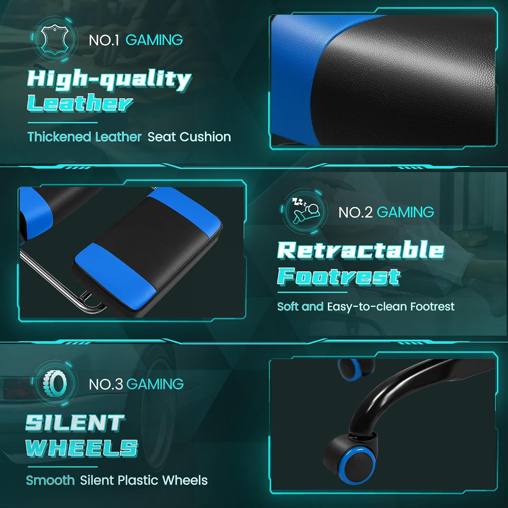 Gaming Chair with RGB, Computer Gaming Chairs with LED Lights and Footrest for Home, Office, Blue and Black