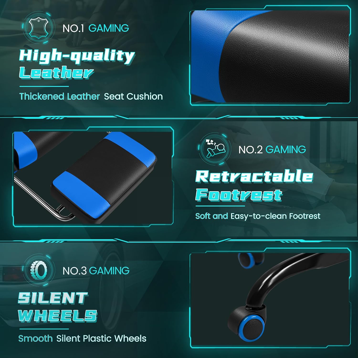 Gaming Chair with RGB, Computer Gaming Chairs with LED Lights and Footrest for Home, Office, Blue and Black