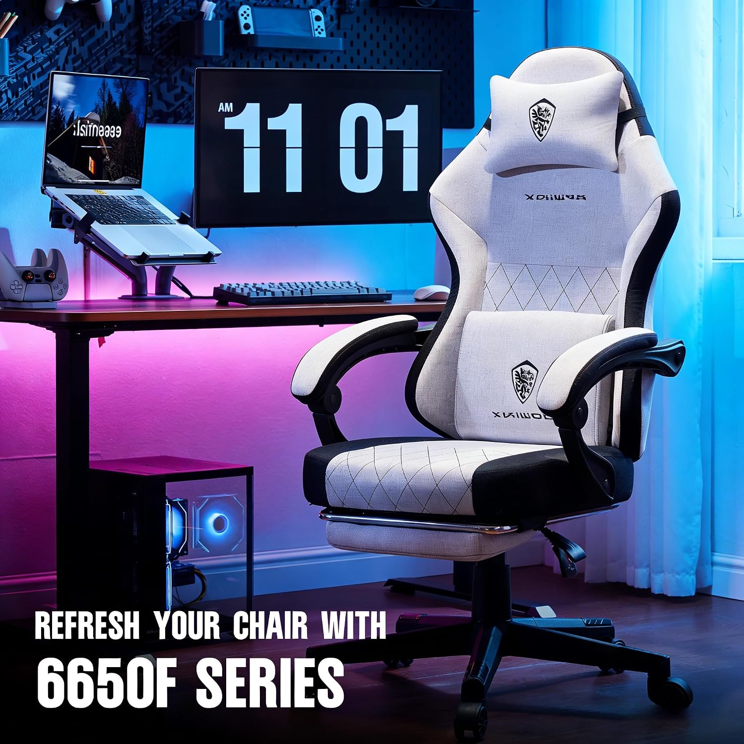 Dowinx Gaming Chair with Pocket Spring Cushion, Massage Lumbar Pillow & Footrest, Wide Seat with Padded Armrests, Breathable Fabric, Reclining Computer Chair for Home Office-Black and Gray