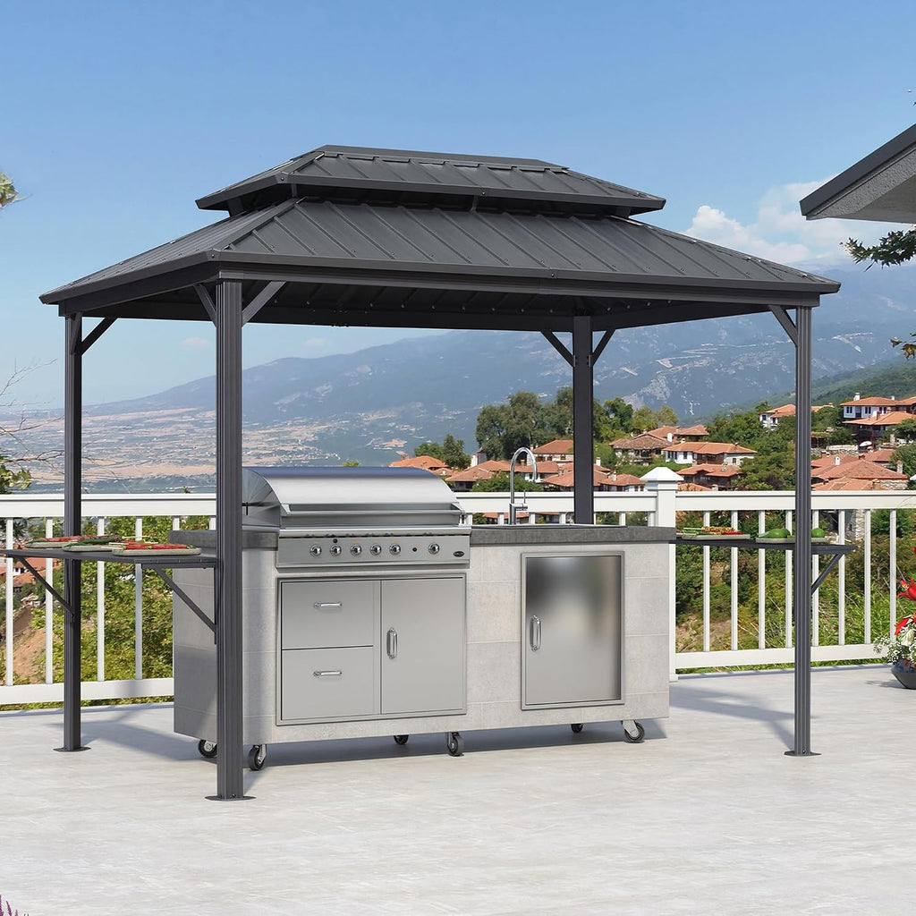 PURPLE LEAF 6.5' X 10' Hardtop Grill Gazebo for Patio Permanent Aluminum Barbeque Shelter Gazebo Canopy with Ceiling Hook and Shelves Double Tiered Grey Outdoor BBQ