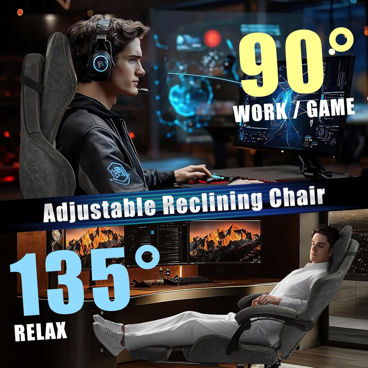 Gaming Chair Video Game Chairs with Large Headrest, Linkage Armrests, Retro PU Leather Ergonomic Computer Chair for Gaming or Office, Grey