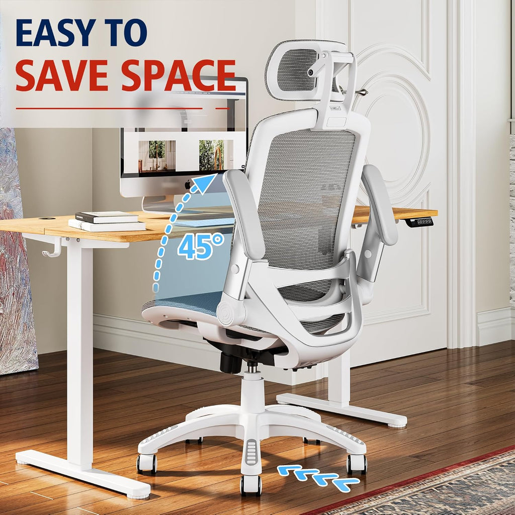 GABRYLLY Ergonomic Office Chair, High Back Home Desk Chair with Headrest, Flip-Up Arms, 90-120° Tilt Lock and Wide Cushion, 300LBS Mesh Chairs for Man Woman, White Task Chair(Dark Grey,GY01WDG)