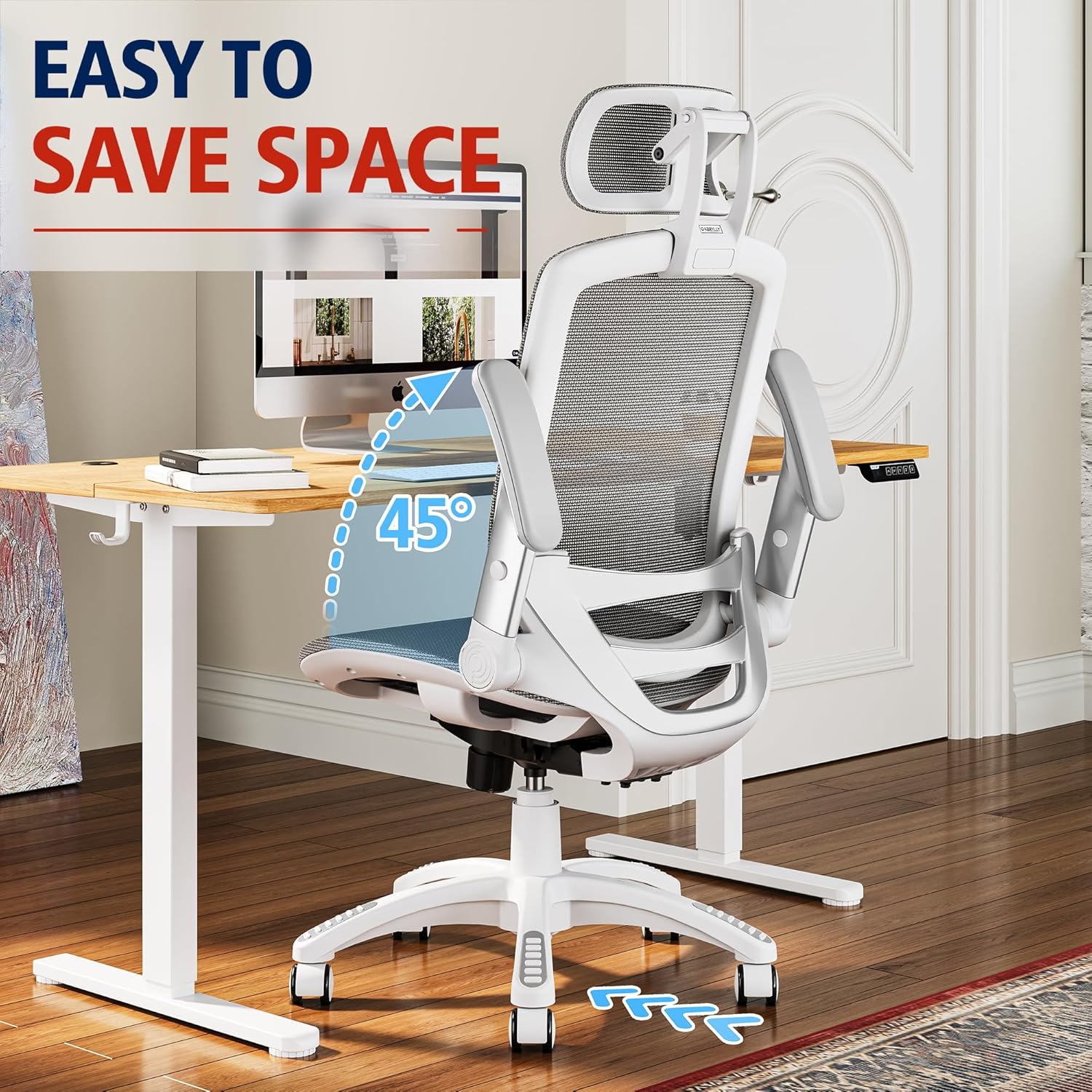 GABRYLLY Ergonomic Office Chair, High Back Home Desk Chair with Headrest, Flip-Up Arms, 90-120° Tilt Lock and Wide Cushion, 300LBS Mesh Chairs for Man Woman, White Task Chair(Dark Grey,GY01WDG)