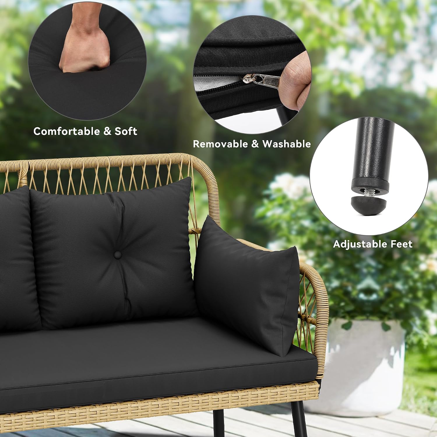 YITAHOME Patio Furniture Wicker Outdoor Loveseat, All-Weather Rattan Conversation for Backyard, Balcony and Deck with Soft Cushions (Light Brown+Black)