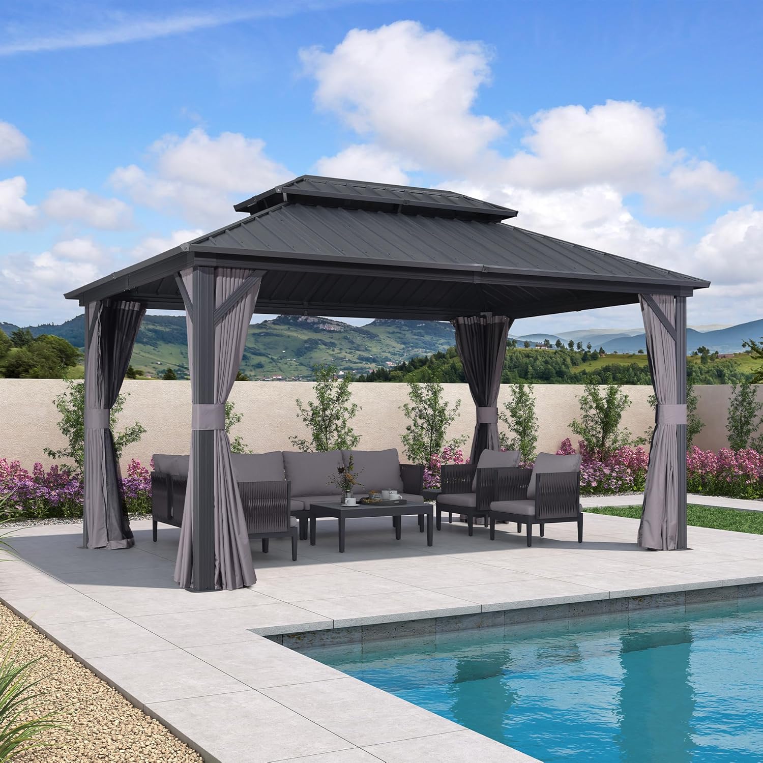PURPLE LEAF 10' X 14' Outdoor Gazebo with Dual-Layer Galvanized Steel Double Roof for Patio Lawn Garden Aluminum Gazebo with Netting and Curtains Grey
