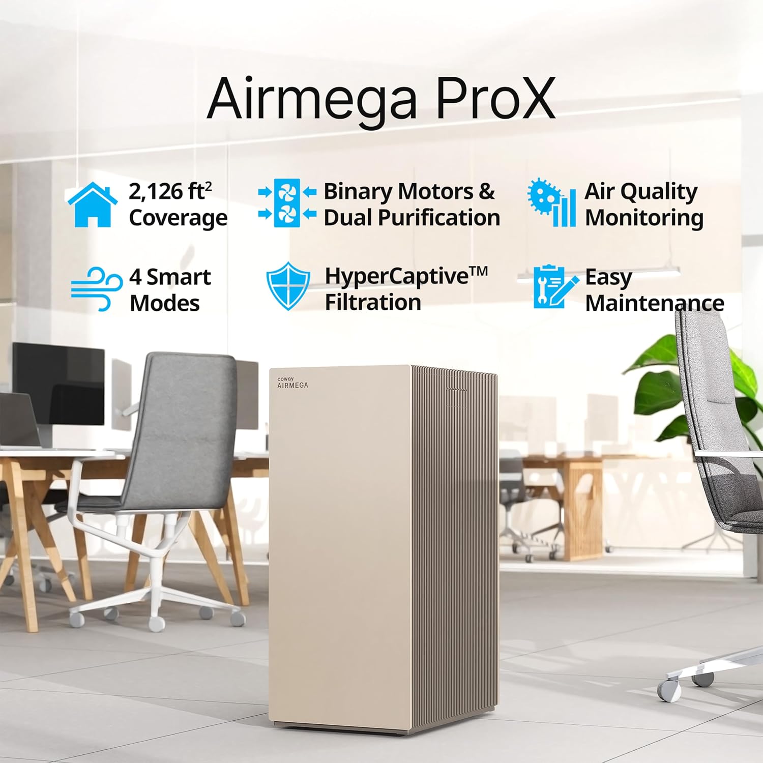 COWAY Air Purifiers for Large Room Whole Home Up to 4,253ft², 2 Sets of XL Washable Pre-Filters and HEPA Filters for Dual Purification, AQI, Turbo Mode, Timer, Wheels, 5yr Warranty, ProX(B)