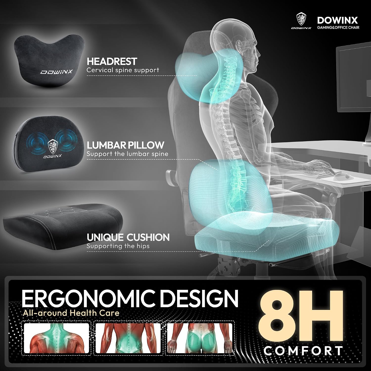 Dowinx Fabric Gaming Chair with Heated Massage Lumbar Support, Game Chairs for Adults, Big and Tall Gamer Chair with Pocket Spring Cushion, High Back PC Chairs with Footrest, Black