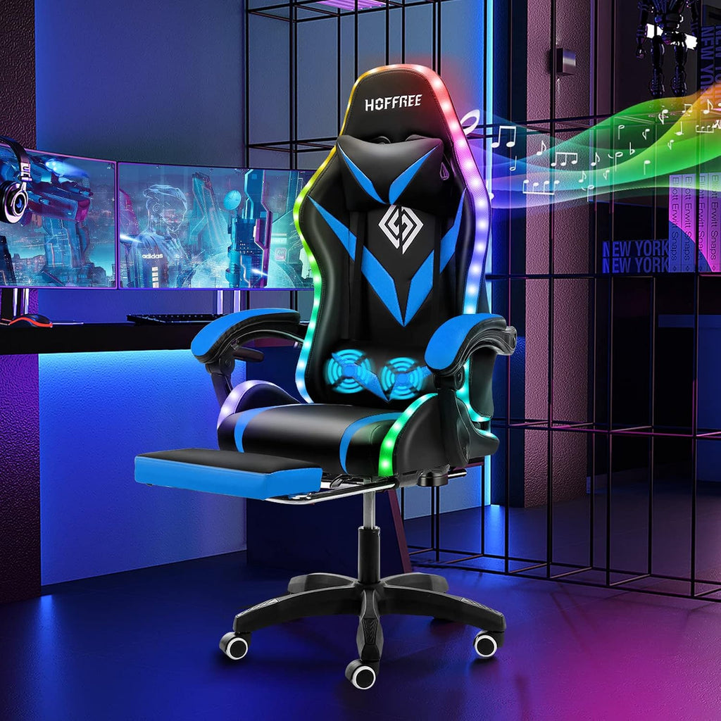 HOFFREE Gaming Chair Massage with Bluetooth Speakers and Led Lights Ergonomic Computer Gaming Chair with Footrest RGB Video Game Chair with High Back Lumbar Support Blue and Black