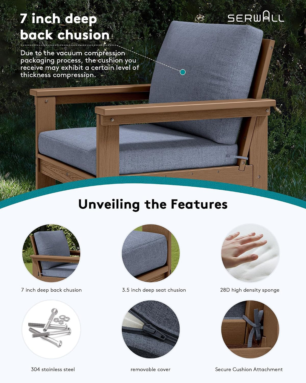 SERWALL HDPE Patio Conversation Set, 6-piece Sectional Outdoor Furniture Set, All Weather Outdoor Couch Set Patio Furniture Set for Deck, Lawn, Grey Frame with Grey Cushion