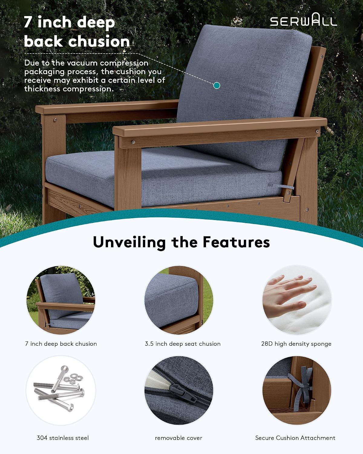 SERWALL HDPE Patio Conversation Set, 6-piece Sectional Outdoor Furniture Set, All Weather Outdoor Couch Set Patio Furniture Set for Deck, Lawn, Grey Frame with Grey Cushion