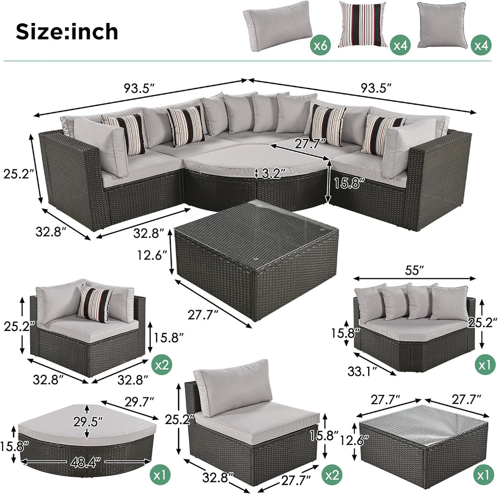 Merax 7-Piece Outdoor Wicker Sectional Sofa Set,Modular Rattan Conversation Set with Gray Cushions,Striped Green Pillows & Tempered Glass Coffee Table for Patio,Garden,Deck,Brown