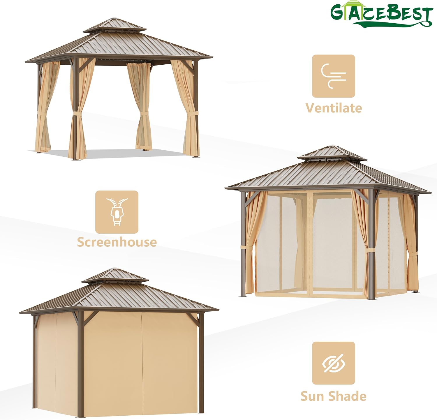 10'x10' Hardtop Gazebo Outdoor Aluminum Patio Gazebo Double Roof Galvanized Steel Canopy with Netting and Curtains,for Garden, Backyard,Deck and Lawns